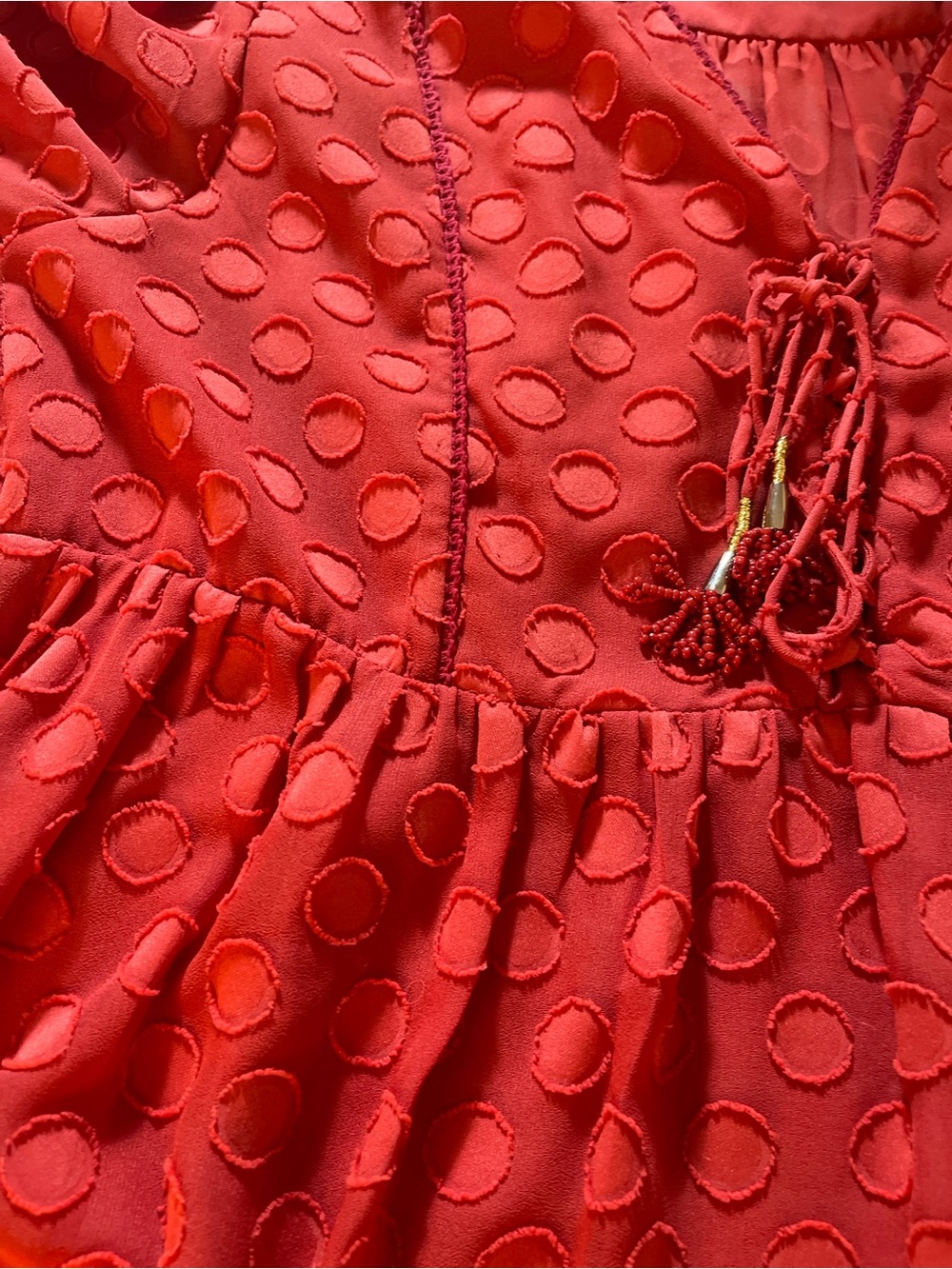 Soft Surroundings Red Swiss Dot Boho Blouse Tassel Tie Flowy Peasant Top Womens - Picture 8 of 14